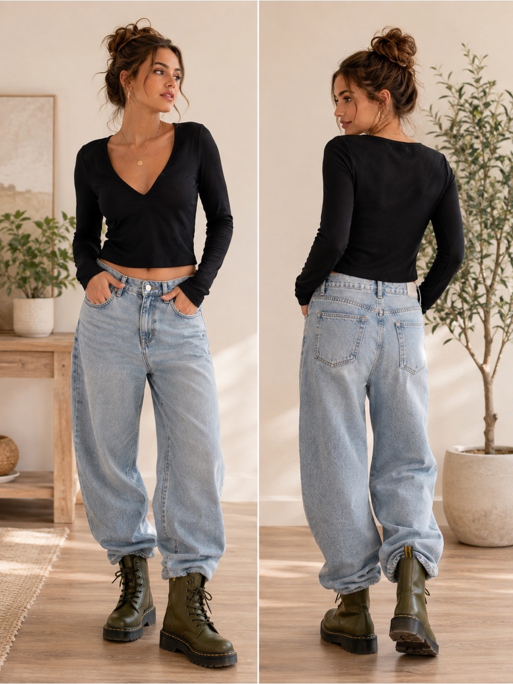 Black V-Neck Long-Sleeve Cropped Top made of stretchy material. Size M , B brand